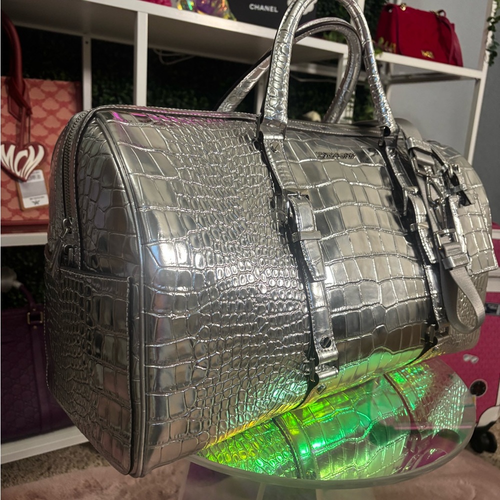 Michael Kors Silver Crocodile Embossed Duffel Bag NWT - Picture 3 of 16